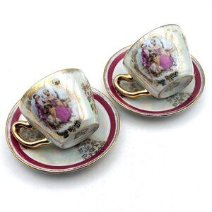 Vintage Royal Crown Lusterware Iridescent Demitasse Cups Saucers Japan Set of 2